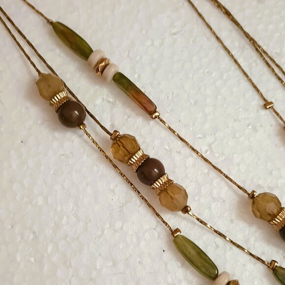NY & Co Multi Strand Beaded Necklace 24" Layered Gold Green & Brown Tones - Picture 6 of 9